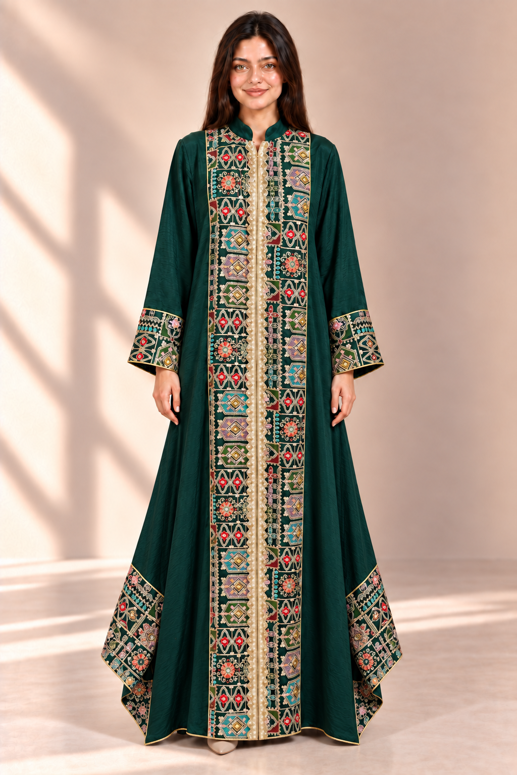 Emerald Crushed Satin Embroidered Abaya