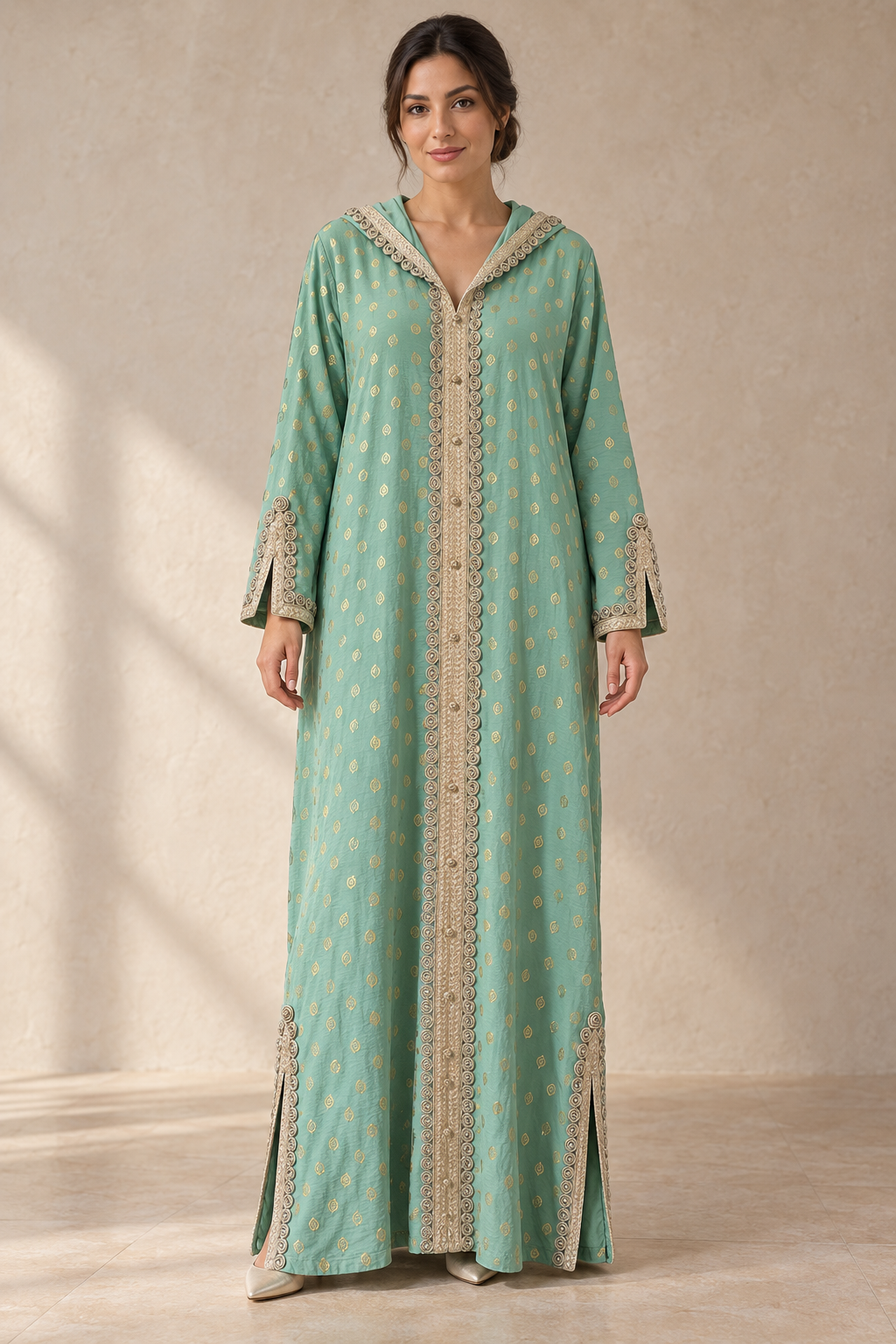 Moroccan Mint & Gold Hooded Jalabiya